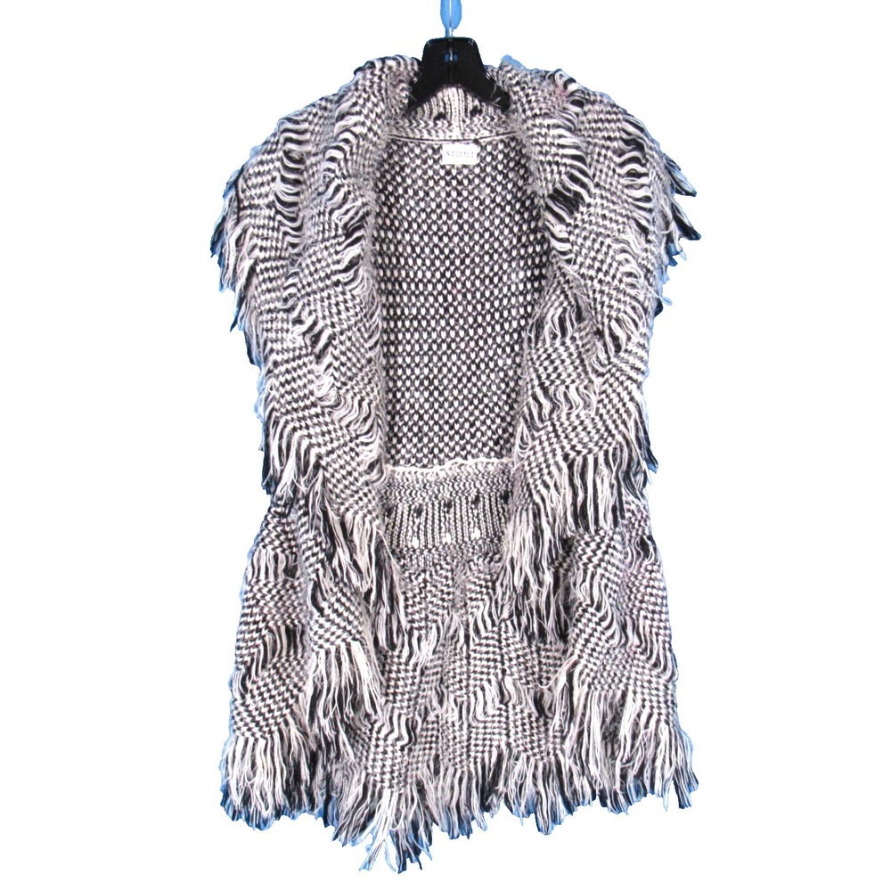 SIONI Black/White FUZZY EYELASH Open Front LARGE COLLAR Sweater CARDIGAN Sz S/M